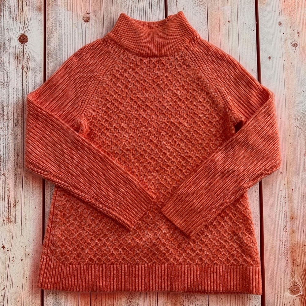 Talbots Coral Orange Honeycomb Knit Mock Neck Wool Blend Sweater Small Petite